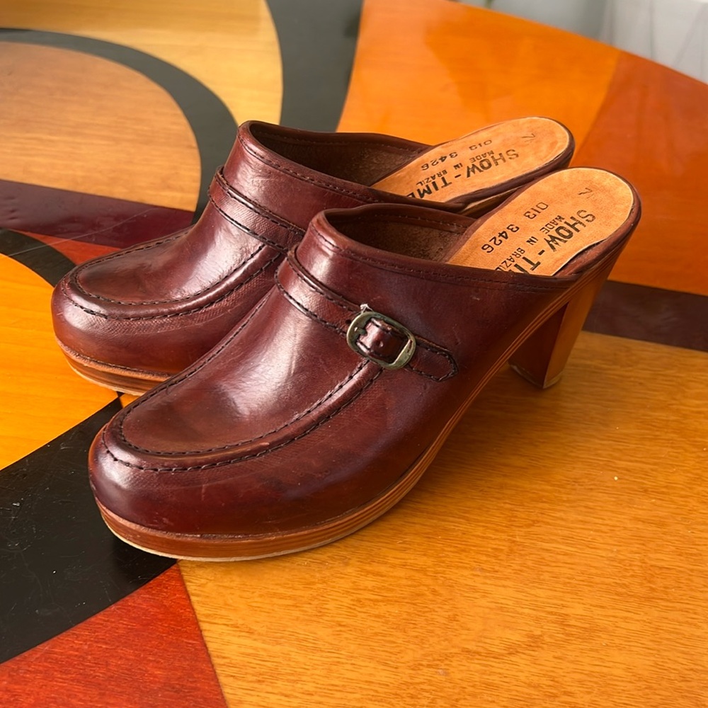 Vintage 1970’s Clog wood platform leather slide sandal heels Made in Brazil sz 7